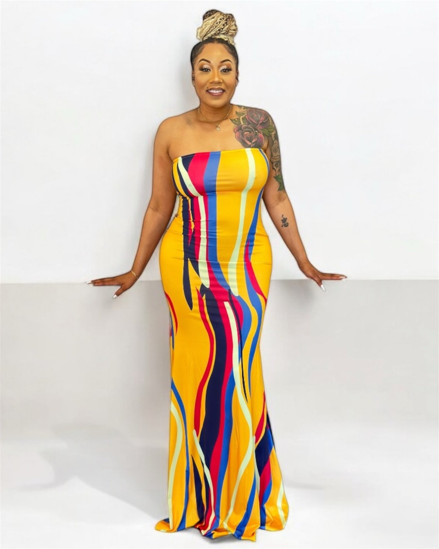 Cute tall maxi dress in yellow print – 65 inch length for tall frames