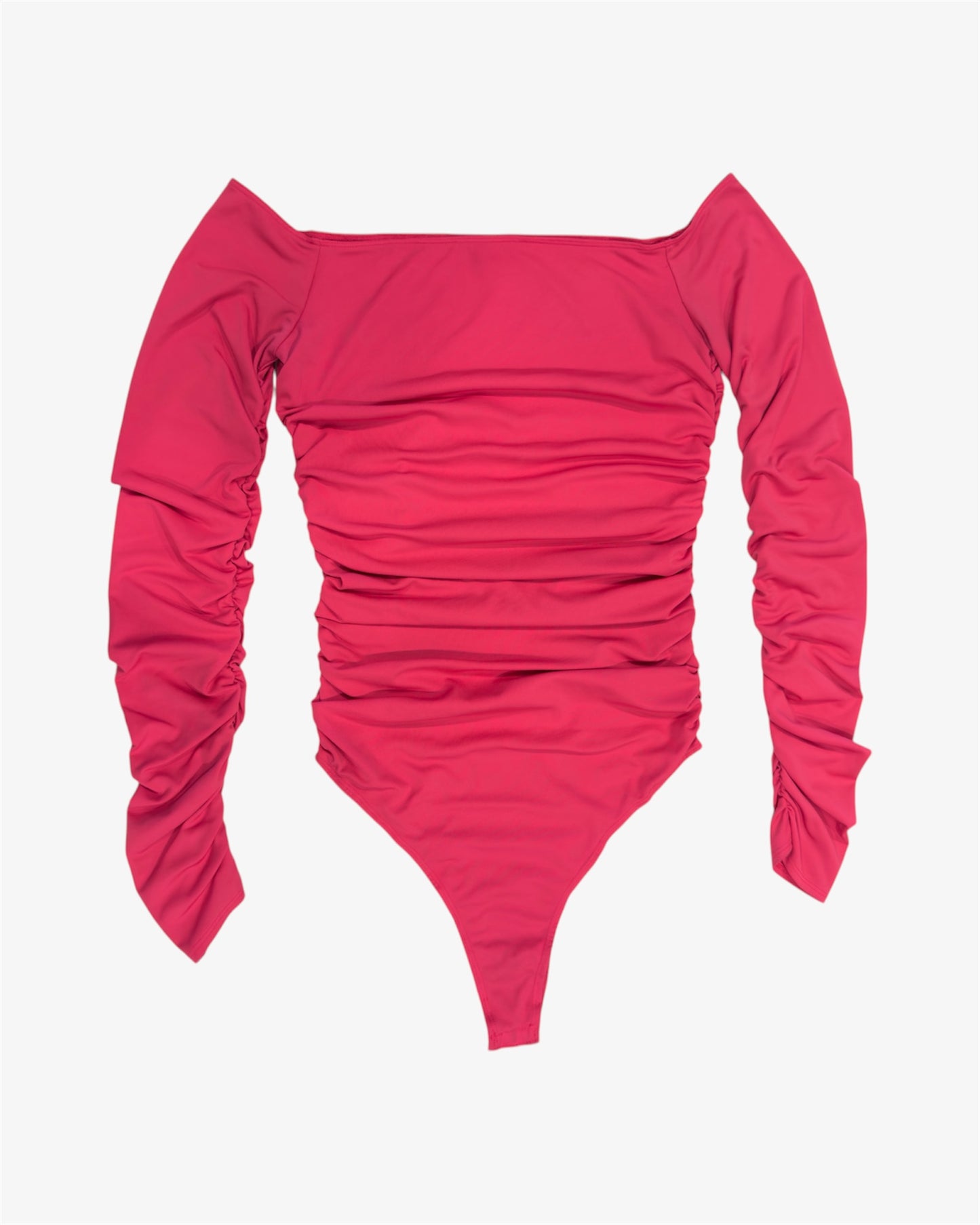 Image of tall girl's off-shoulder ruched bodysuit