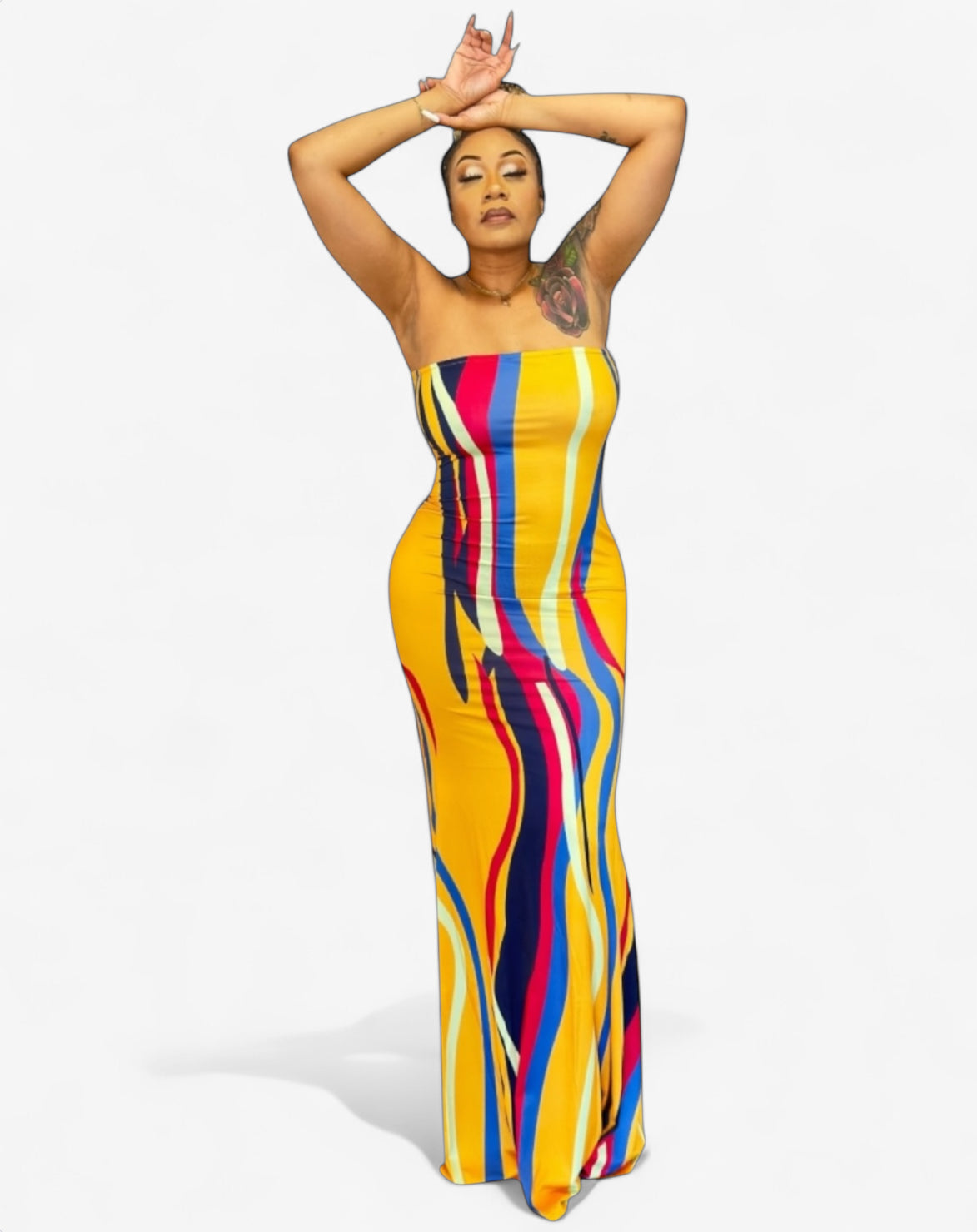 Cute tall maxi dress in yellow print – 65 inch length for tall frames