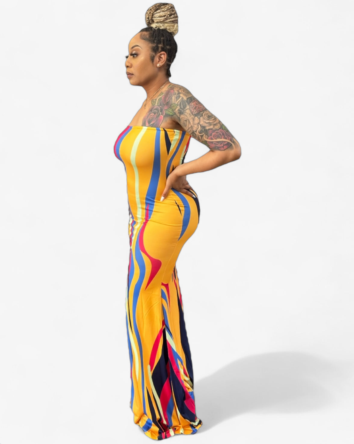 Cute tall maxi dress in yellow print – 65 inch length for tall frames