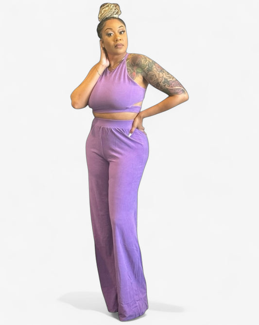 Extra long pant set for tall women – purple two-piece look