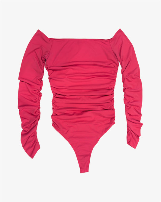 Image of tall girl's off-shoulder ruched bodysuit